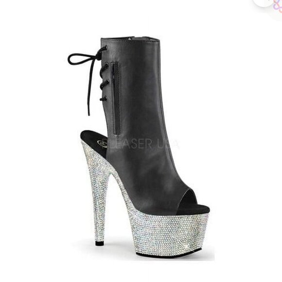 PLEASER BEJEWELED-1018DM-7 7" Heel Platform Open Toe Ankle W/Rhinestones Boots - Picture 8 of 8